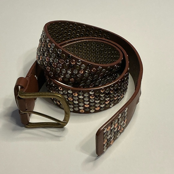 Metallic Studded Brown Belt; Distressed Gold Rectangular Buckle; Fits 35”to 39” - Picture 1 of 10